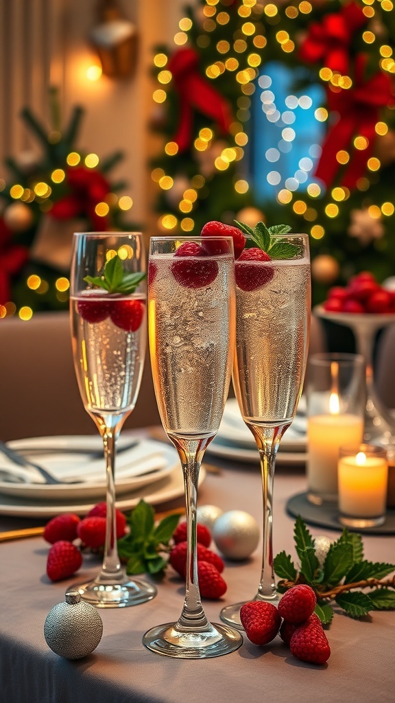 Festive Champagne Cocktails for Christmas Festive champagne cocktails in flutes with berries and mint, surrounded by Christmas decorations.